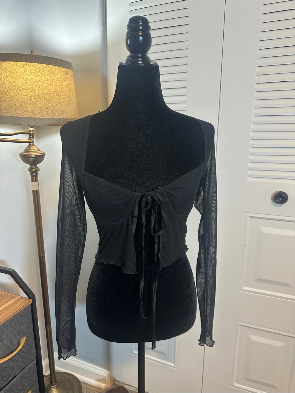 Edikted Black Sheer Long-Sleeve Tie-Front Crop Top